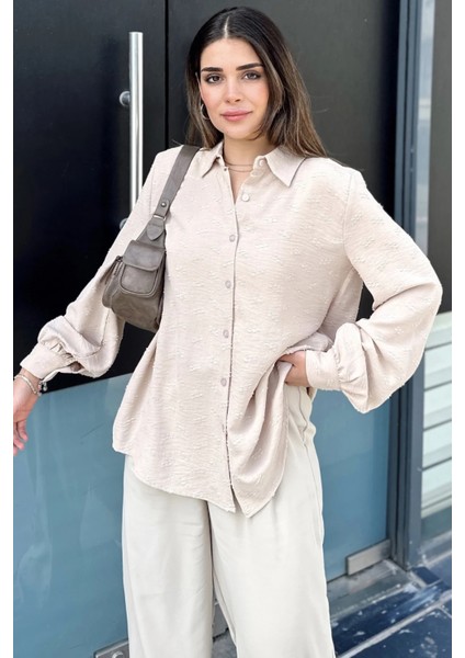 Kadın Bej Dokulu Kumaş, Uzun, Balon Kollu, Rahat Kesim, Pamuklu Gömlek modelleri