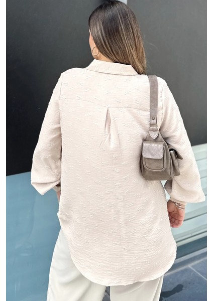 Kadın Bej Dokulu Kumaş, Uzun, Balon Kollu, Rahat Kesim, Pamuklu Gömlek fırsatları