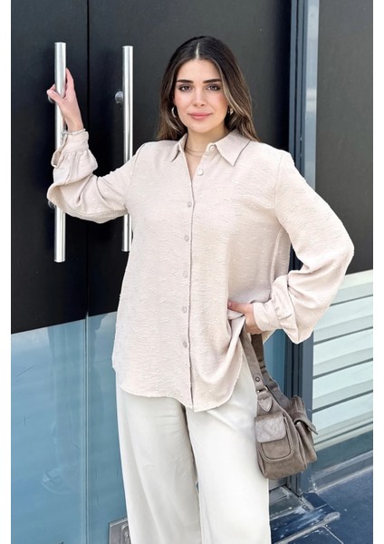 Kadın Bej Dokulu Kumaş, Uzun, Balon Kollu, Rahat Kesim, Pamuklu Gömlek indirimleri