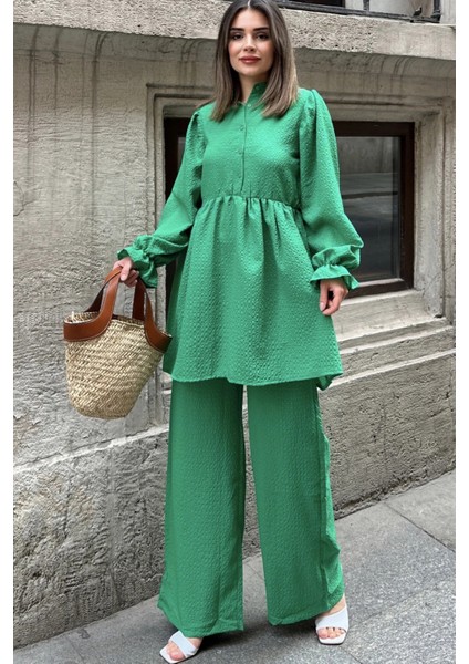 Yeşil Hakim Yaka Balon Kol Tunik Bol Paça PantolonTakım