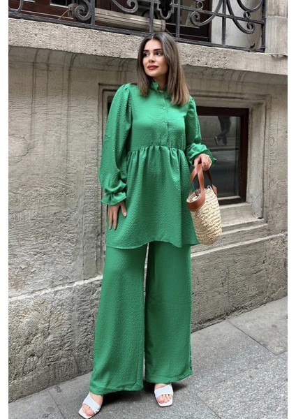 Yeşil Hakim Yaka Balon Kol Tunik Bol Paça PantolonTakım fiyatları