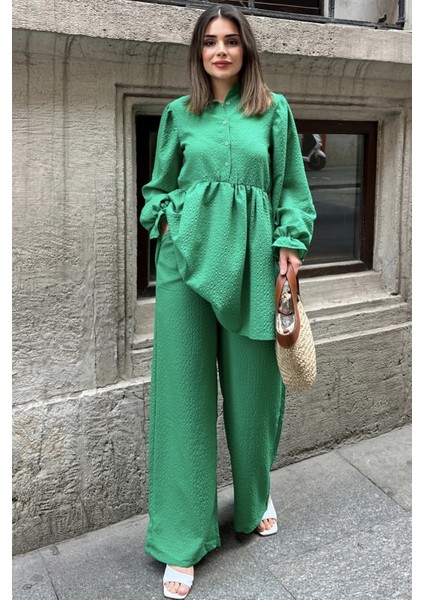 Yeşil Hakim Yaka Balon Kol Tunik Bol Paça PantolonTakım modelleri