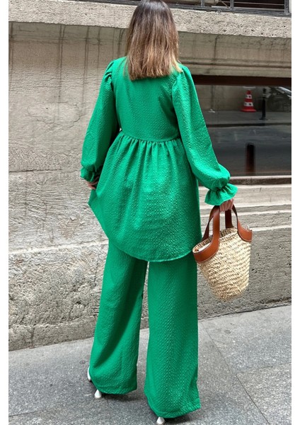 Yeşil Hakim Yaka Balon Kol Tunik Bol Paça PantolonTakım fırsatları