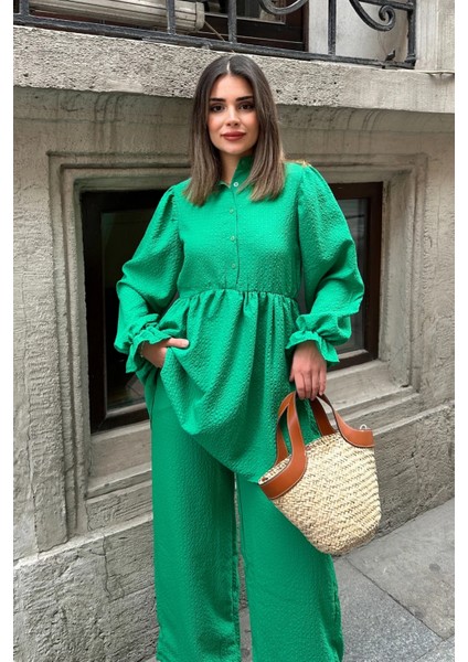 Yeşil Hakim Yaka Balon Kol Tunik Bol Paça PantolonTakım indirimleri
