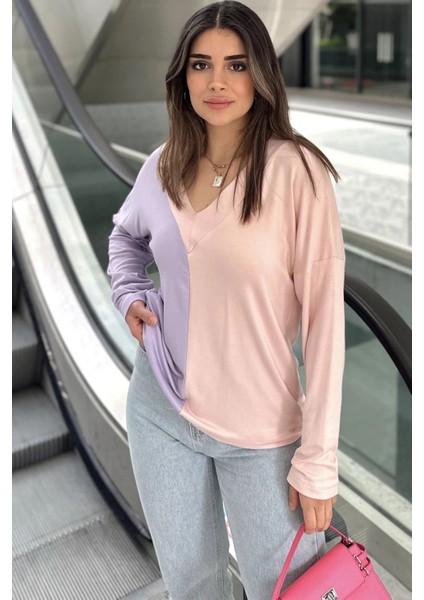 Kadın Lila & Pudra Blok Renkli, V Yaka, Uzun Kollu, Pamuklu Salaş Bluz