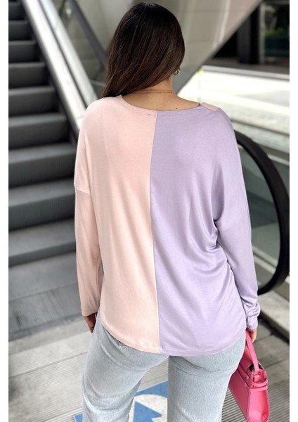 Kadın Lila & Pudra Blok Renkli, V Yaka, Uzun Kollu, Pamuklu Salaş Bluz modelleri