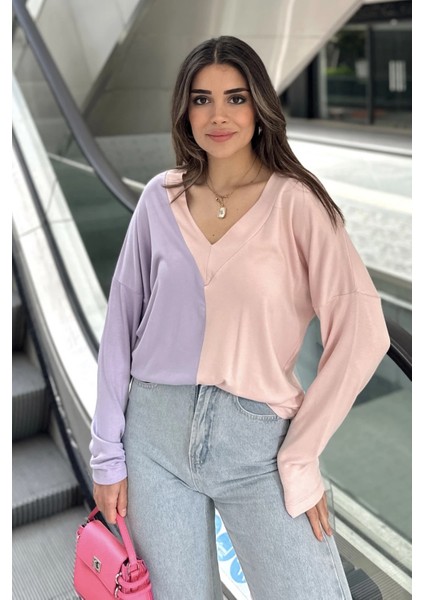 Kadın Lila & Pudra Blok Renkli, V Yaka, Uzun Kollu, Pamuklu Salaş Bluz fırsatları