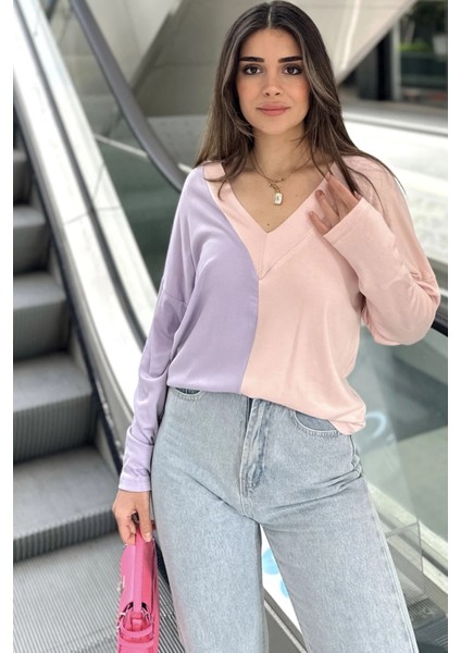 Kadın Lila & Pudra Blok Renkli, V Yaka, Uzun Kollu, Pamuklu Salaş Bluz indirimleri