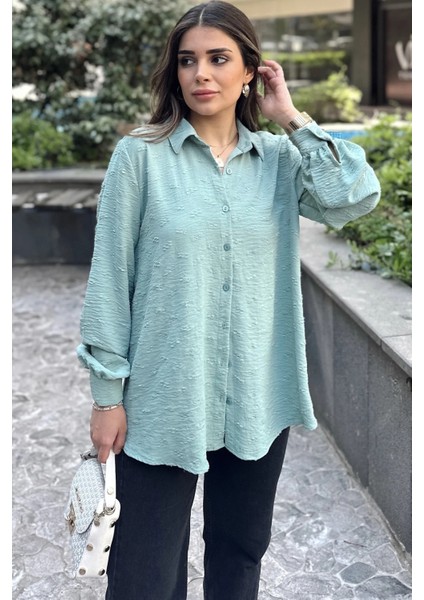 Kadın Mint Dokulu Kumaş, Uzun, Balon Kollu, Rahat Kesim, Pamuklu Gömlek