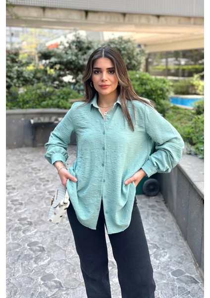 Kadın Mint Dokulu Kumaş, Uzun, Balon Kollu, Rahat Kesim, Pamuklu Gömlek modelleri