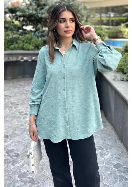 Kadın Mint Dokulu Kumaş, Uzun, Balon Kollu, Rahat Kesim, Pamuklu Gömlek fırsatları