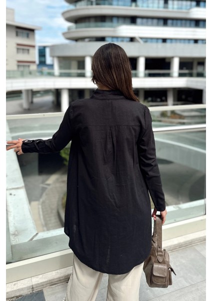 Kadın Siyah Uzun Kol, Ahşap Düğme Detaylı, Arkası Pliseli, Salaş ve Uzun, Pamuklu Tunik Gömlek fiyatları