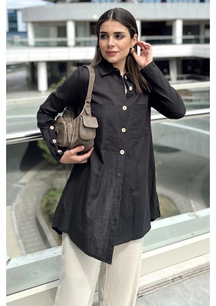 Kadın Siyah Uzun Kol, Ahşap Düğme Detaylı, Arkası Pliseli, Salaş ve Uzun, Pamuklu Tunik Gömlek modelleri