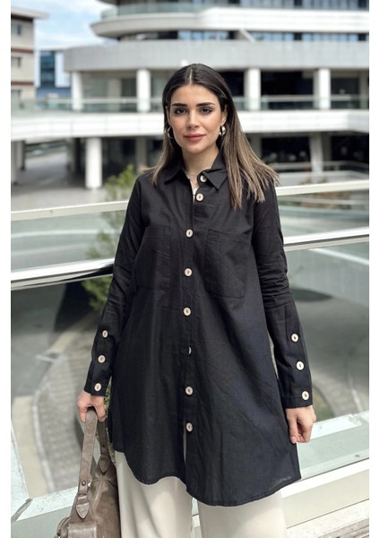 Kadın Siyah Uzun Kol, Ahşap Düğme Detaylı, Arkası Pliseli, Salaş ve Uzun, Pamuklu Tunik Gömlek fırsatları