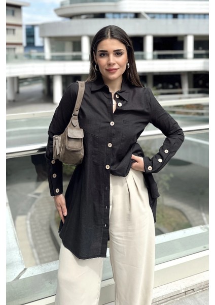 Kadın Siyah Uzun Kol, Ahşap Düğme Detaylı, Arkası Pliseli, Salaş ve Uzun, Pamuklu Tunik Gömlek indirimleri