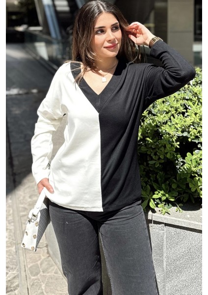 Kadın Beyaz & Siyah Blok Renkli, V Yaka, Uzun Kollu, Pamuklu Salaş Bluz