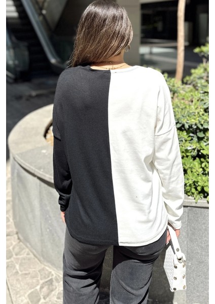 Kadın Beyaz & Siyah Blok Renkli, V Yaka, Uzun Kollu, Pamuklu Salaş Bluz fiyatları