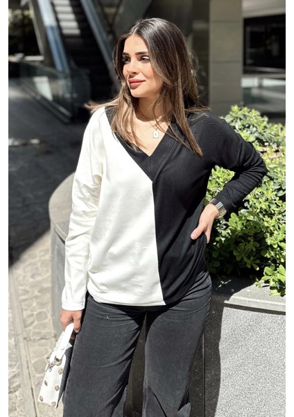 Kadın Beyaz & Siyah Blok Renkli, V Yaka, Uzun Kollu, Pamuklu Salaş Bluz modelleri