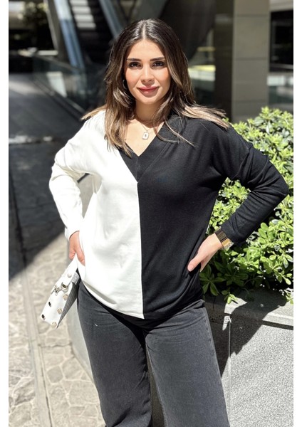 Kadın Beyaz & Siyah Blok Renkli, V Yaka, Uzun Kollu, Pamuklu Salaş Bluz fırsatları