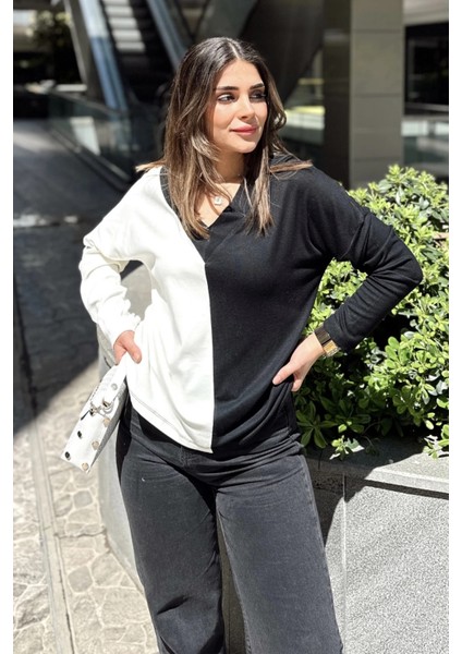 Kadın Beyaz & Siyah Blok Renkli, V Yaka, Uzun Kollu, Pamuklu Salaş Bluz indirimleri