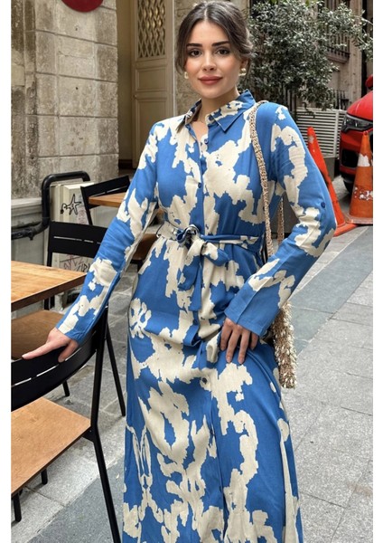 Kadın Indigo Uzun Kol Kuşaklı Yırtmaçlı Uzun Viskon Gömlek Elbise (Dar Kalıp) modelleri