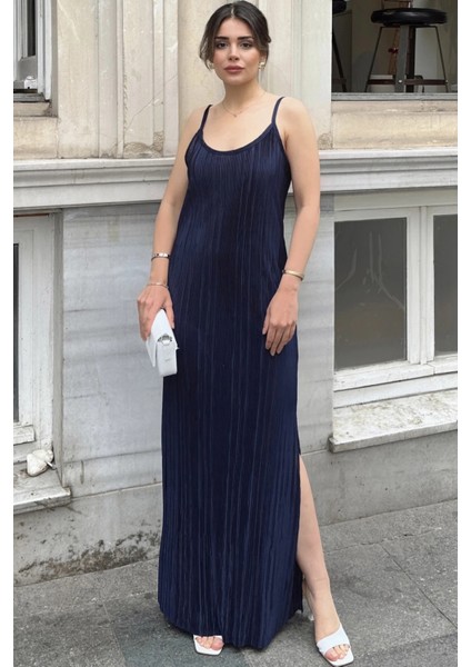 Kadın Laci Ince Askılı V Yaka Yırtmaç Detaylı Uzun Pliseli Elbise