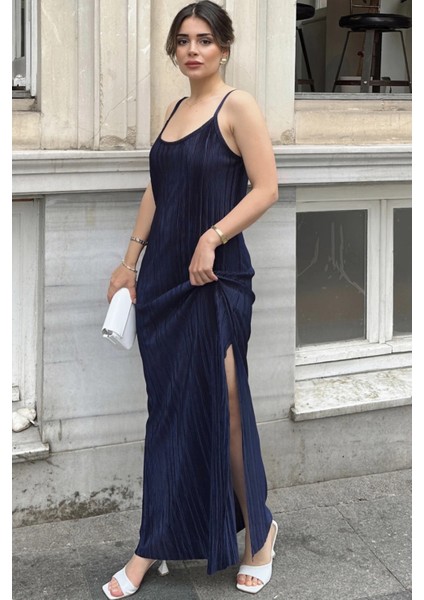 Kadın Laci Ince Askılı V Yaka Yırtmaç Detaylı Uzun Pliseli Elbise fiyatları