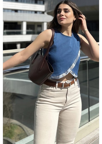 Kadın Laci Önü Çapraz Katlı, Kolsuz, Yuvarlak Yaka, Crop Kot Bluz fiyatları