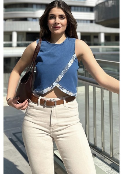 Kadın Laci Önü Çapraz Katlı, Kolsuz, Yuvarlak Yaka, Crop Kot Bluz