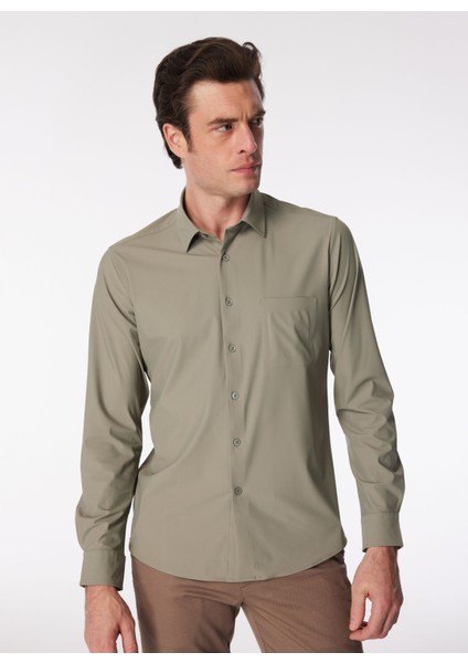 Slim Fit Gömlek Yaka Düz Yeşil Erkek Gömlek Demo Deıva fırsatları