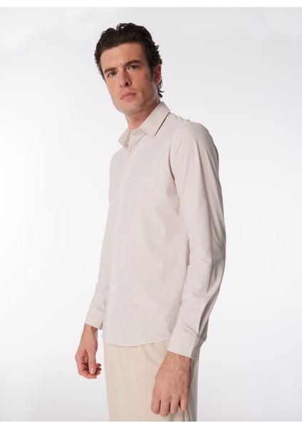 Slim Fit Gömlek Yaka Çizgili Bej Erkek Gömlek Demo Tst Tropea