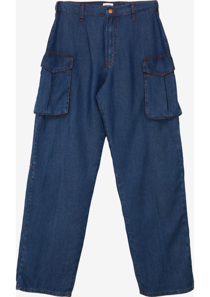 Yüksek Bel Geniş Paça Bol Kesim Koyu Indigo Kadın Denim Pantolon DT10544