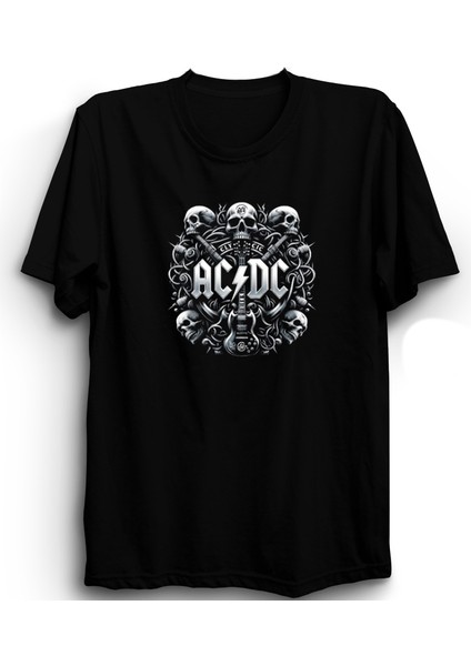 Acdc, Metallic Skulls, Rock Metal Müzik Grubu Baskılı, %100 Pamuk Tişört