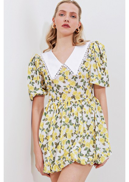 2478 Çiçekli Mini Elbise - Sarı