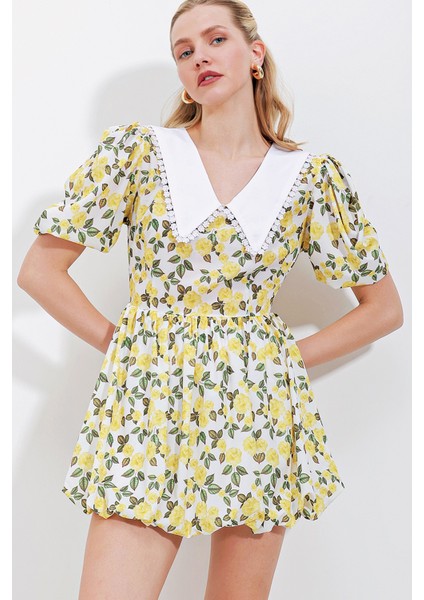 2478 Çiçekli Mini Elbise - Sarı