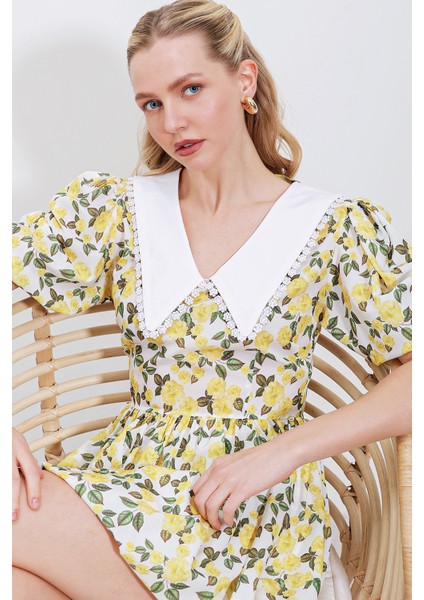 2478 Çiçekli Mini Elbise - Sarı