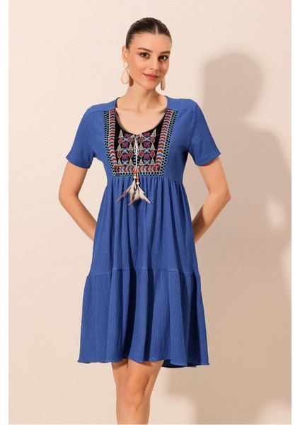 2429 Nakışlı Örme Elbise - Saks