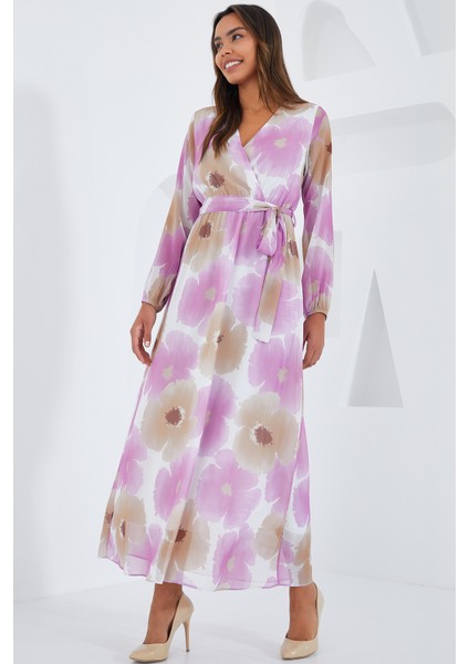 Kadın Pembe Bej Çiçek Desenli Şifon Elbise 2134