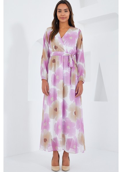 Kadın Pembe Bej Çiçek Desenli Şifon Elbise 2134 fiyatları