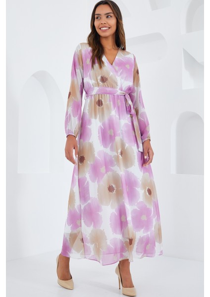 Kadın Pembe Bej Çiçek Desenli Şifon Elbise 2134 modelleri