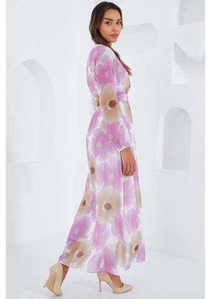 Kadın Pembe Bej Çiçek Desenli Şifon Elbise 2134 indirimleri