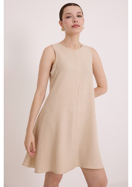 Kadın Bej Mini Keten Elbise 2491