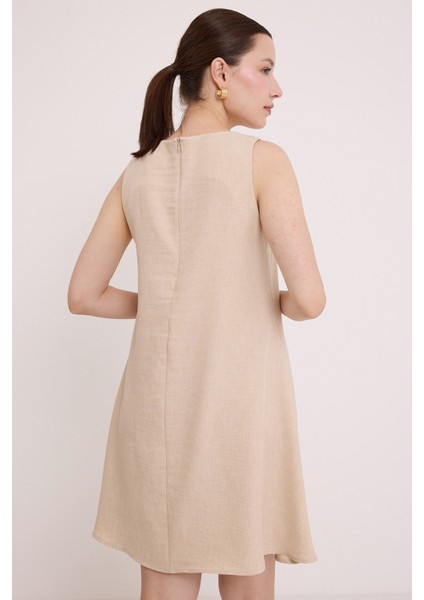 Kadın Bej Mini Keten Elbise 2491 indirimleri