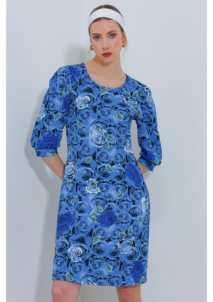Kadın Saks Gül Desenli Midi Elbise 2477