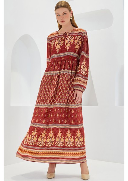 Kadın Kiremit Bej Desenli Uzun Viskon Elbise 1947