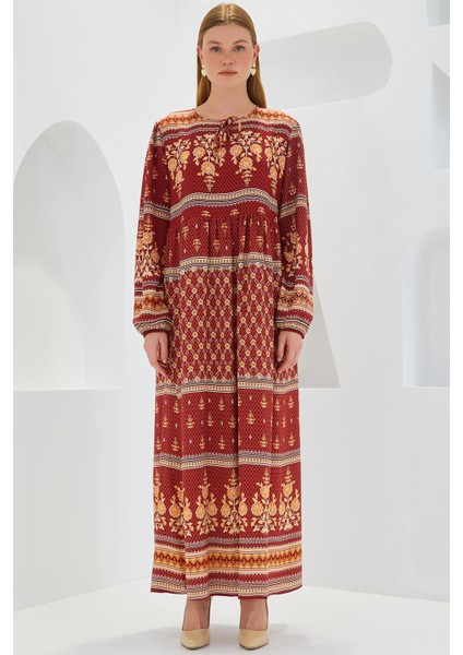 Kadın Kiremit Bej Desenli Uzun Viskon Elbise 1947 fiyatları