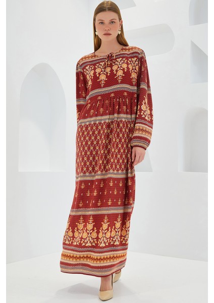 Kadın Kiremit Bej Desenli Uzun Viskon Elbise 1947 modelleri