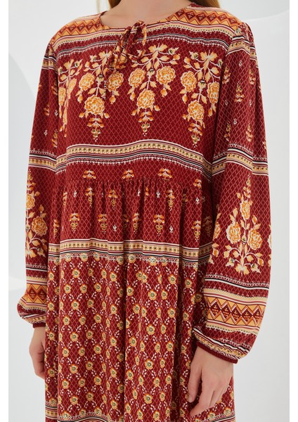 Kadın Kiremit Bej Desenli Uzun Viskon Elbise 1947 fırsatları