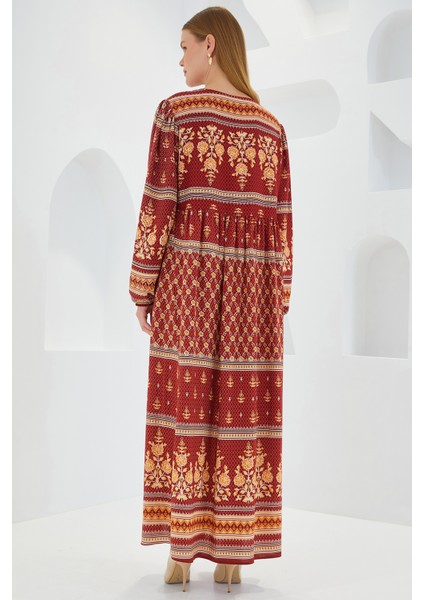 Kadın Kiremit Bej Desenli Uzun Viskon Elbise 1947 indirimleri