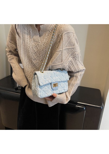 Popüler Çantalar Kadın 2024 Yeni Moda Rahat Denim Omuz Çantası Kapitone Zincir Crossbody Küçük Kare Çanta (Yurt Dışından)